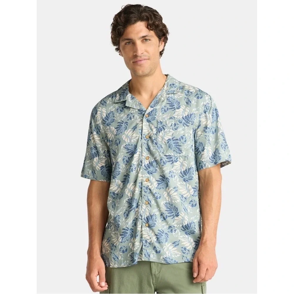George Mens S Green Tropical Leaf Print Viscose Short Sleeve Camp Shirt Hawaiian